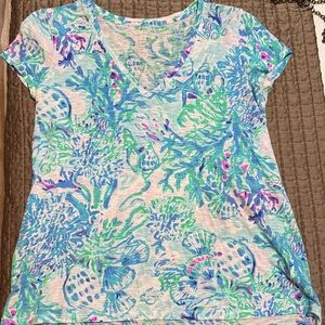 Lilly Pulitzer Blue and Pink Floral Short Sleeve Top size xs